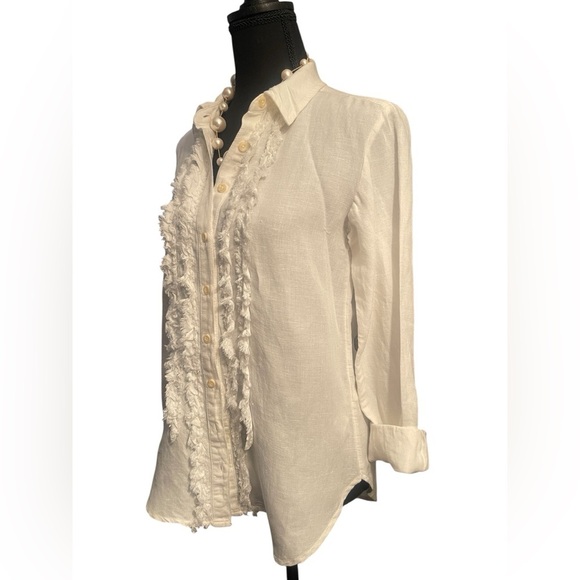 Pilcro Anthropologie White LinenBlend Ruffle Button FrontBlouse Boho Cottagecore - Picture 3 of 11